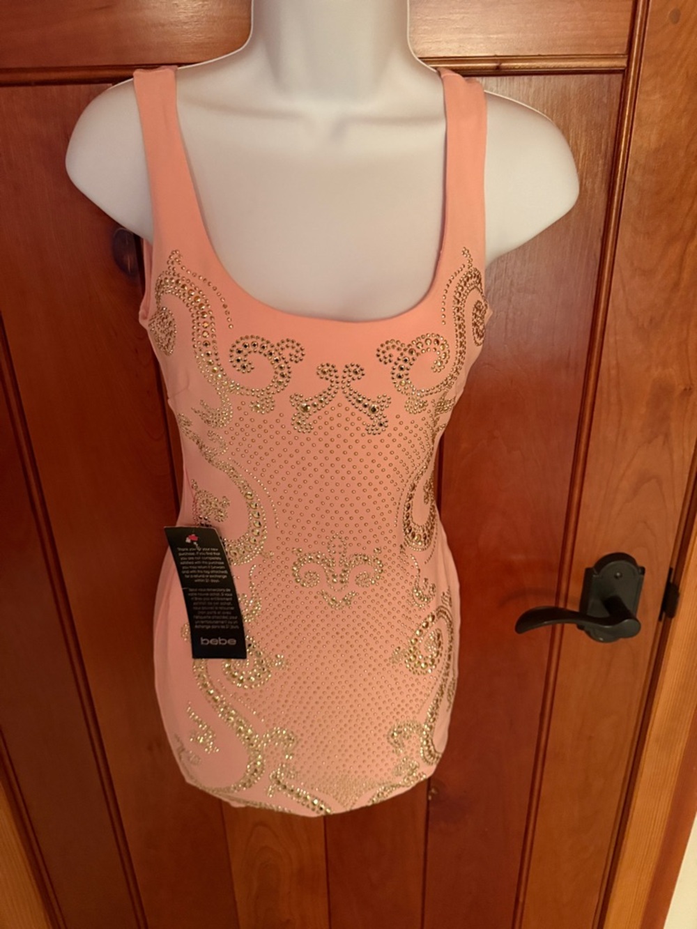 bebe Peach Tank Dress with Gold Stud Swirl Accents